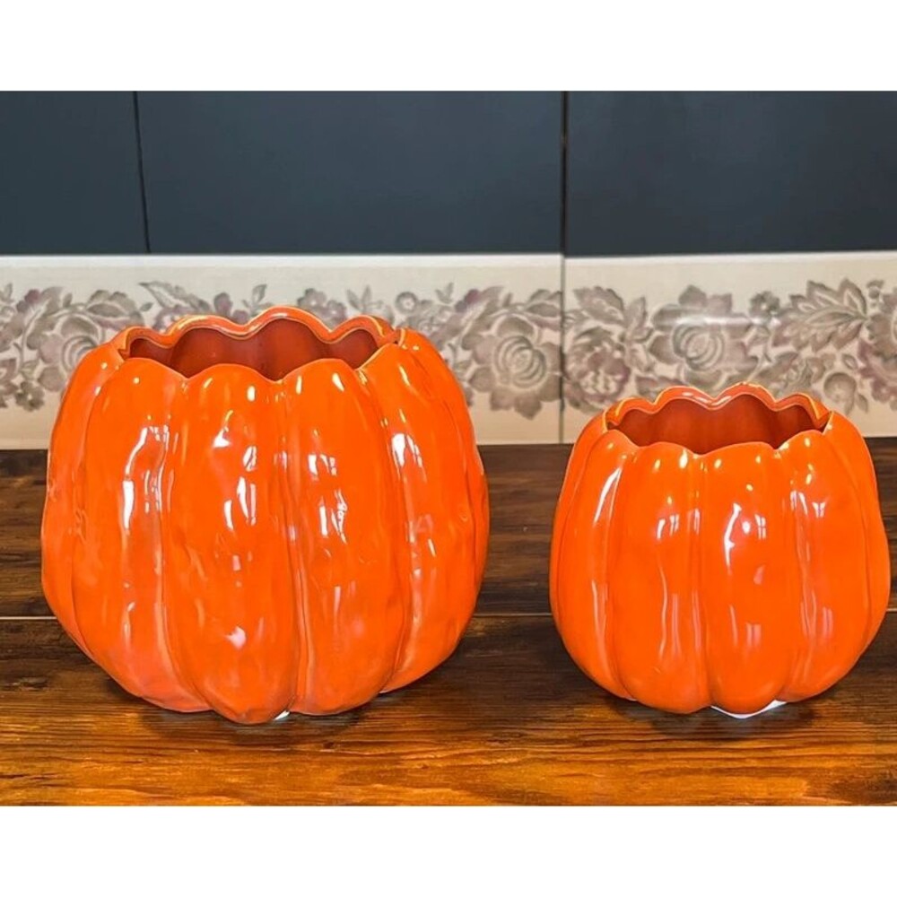 Set of 2 Orange Ceramic Pumpkin Planters – Fall Halloween Décor